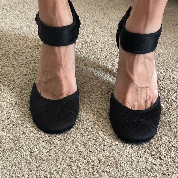 Authentic Chanel black satin heels with round toe and ankle button closure. - Picture 5 of 10